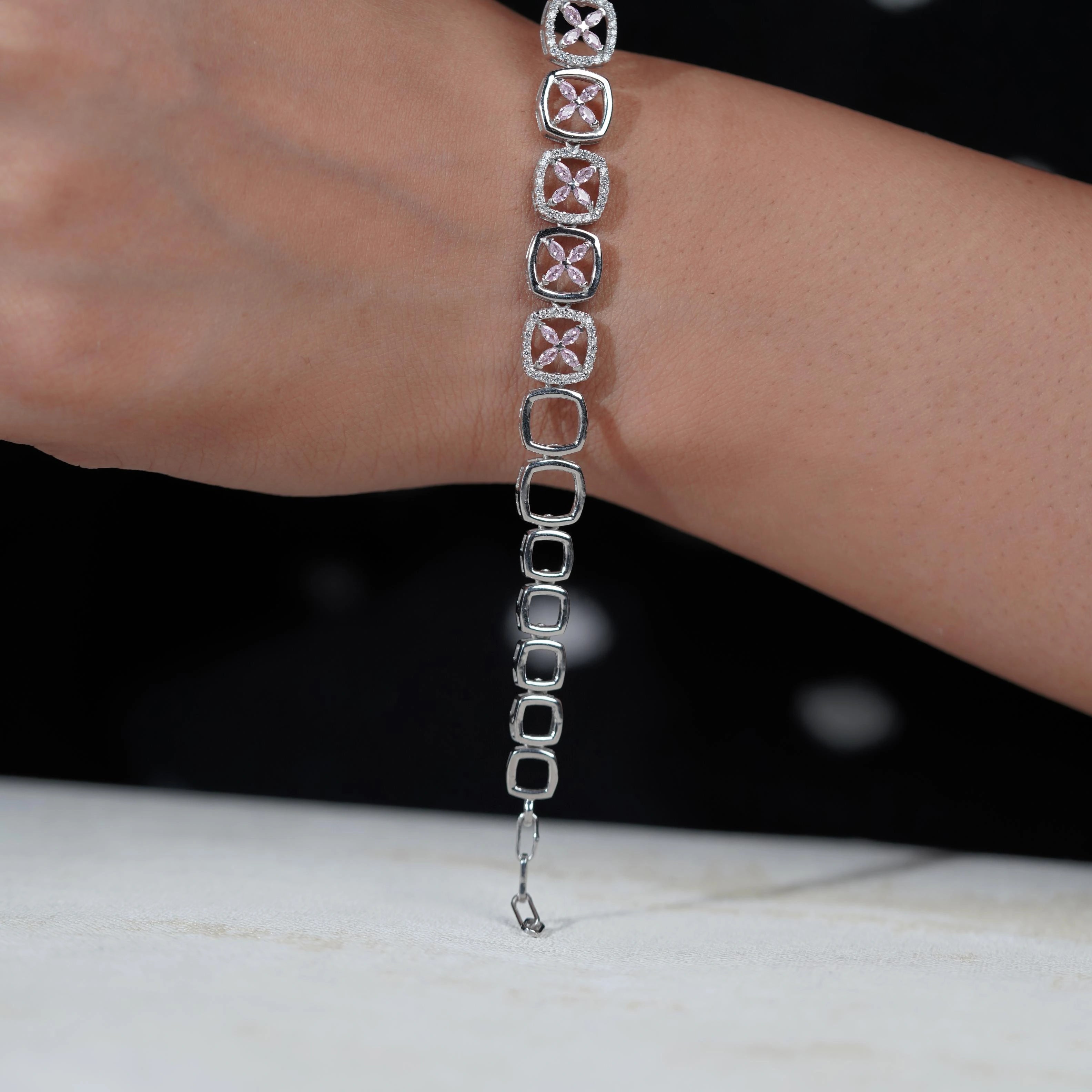 Floral Geometric Diamond Adjustable Silver Bracelet for Women
