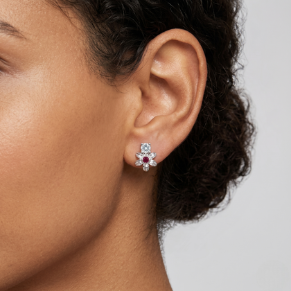 Floral Ruby & CZ Diamond 925 Sterling Silver Stud Earrings for Women