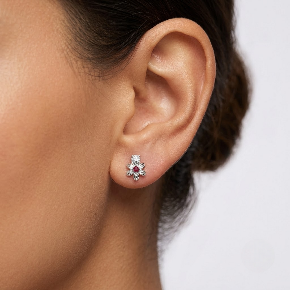 Floral Ruby & CZ Diamond 925 Sterling Silver Stud Earrings for Women