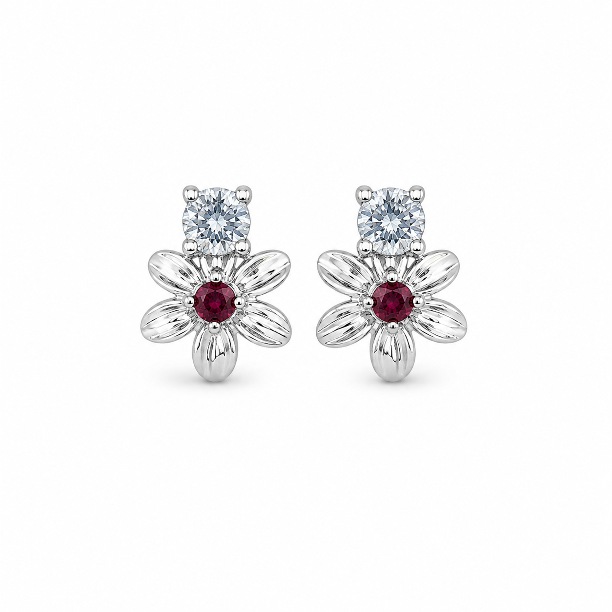 Floral Ruby & CZ Diamond 925 Sterling Silver Stud Earrings for Women