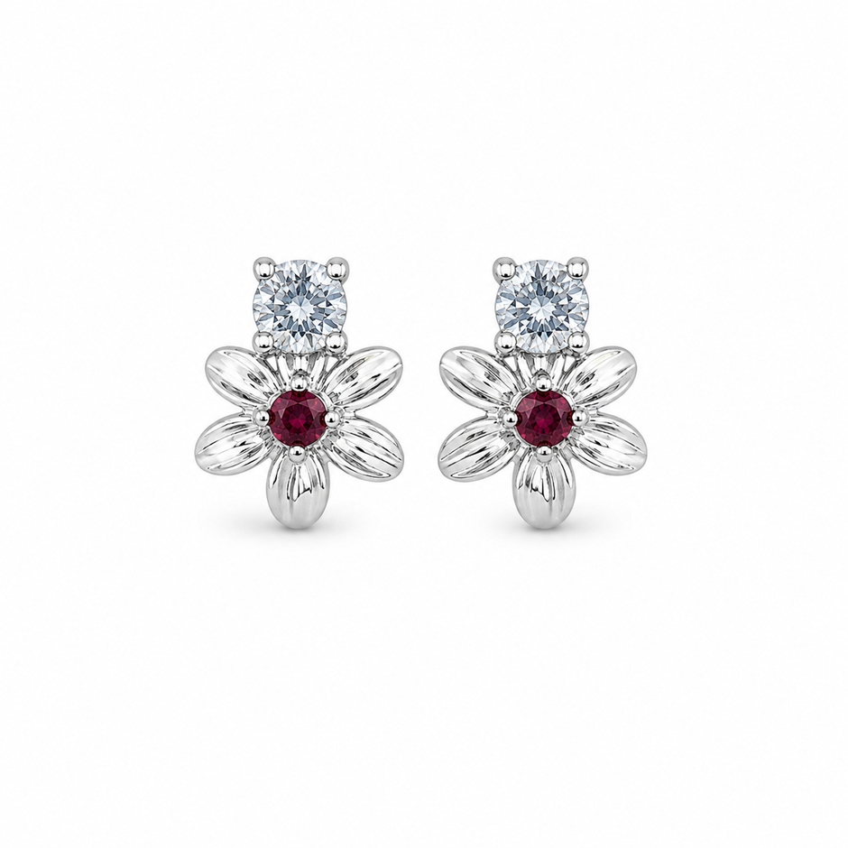 Floral Ruby & CZ Diamond 925 Sterling Silver Stud Earrings for Women