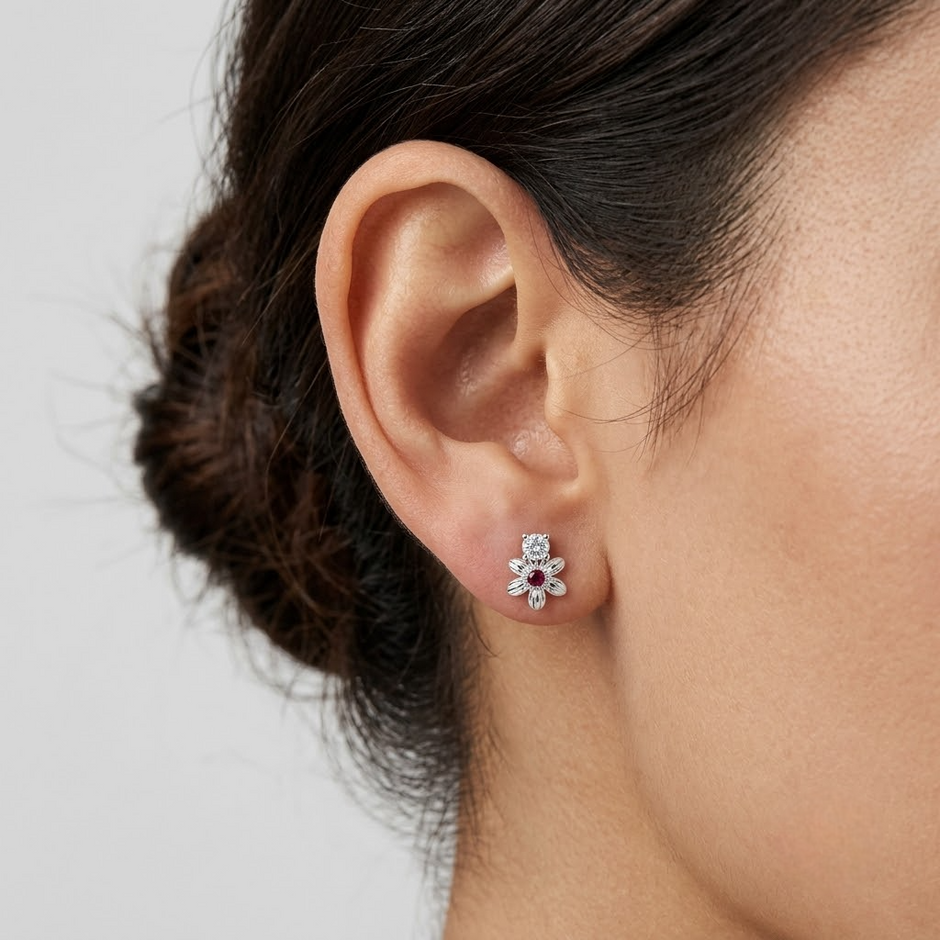 Floral Ruby & CZ Diamond 925 Sterling Silver Stud Earrings for Women