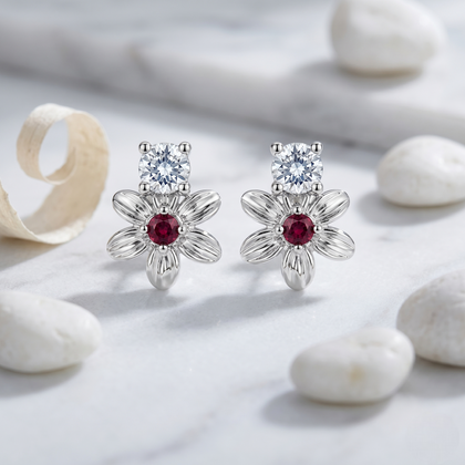 Floral Ruby & CZ Diamond 925 Sterling Silver Stud Earrings for Women