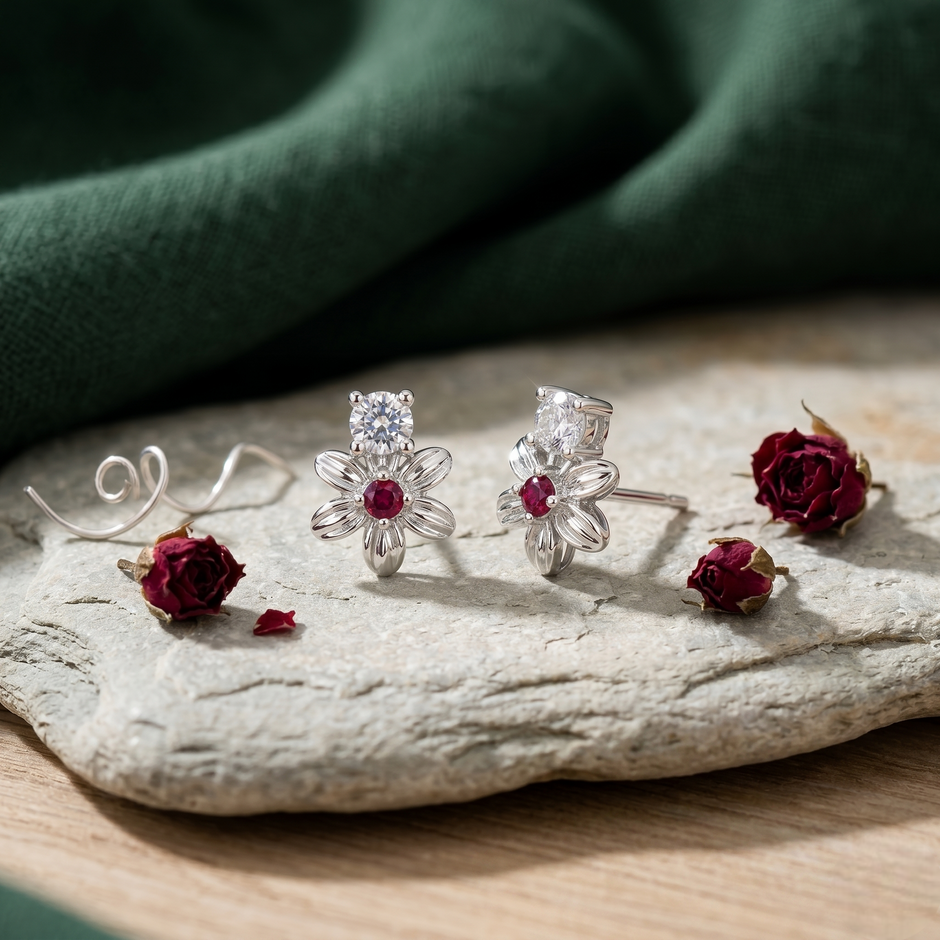 Floral Ruby & CZ Diamond 925 Sterling Silver Stud Earrings for Women