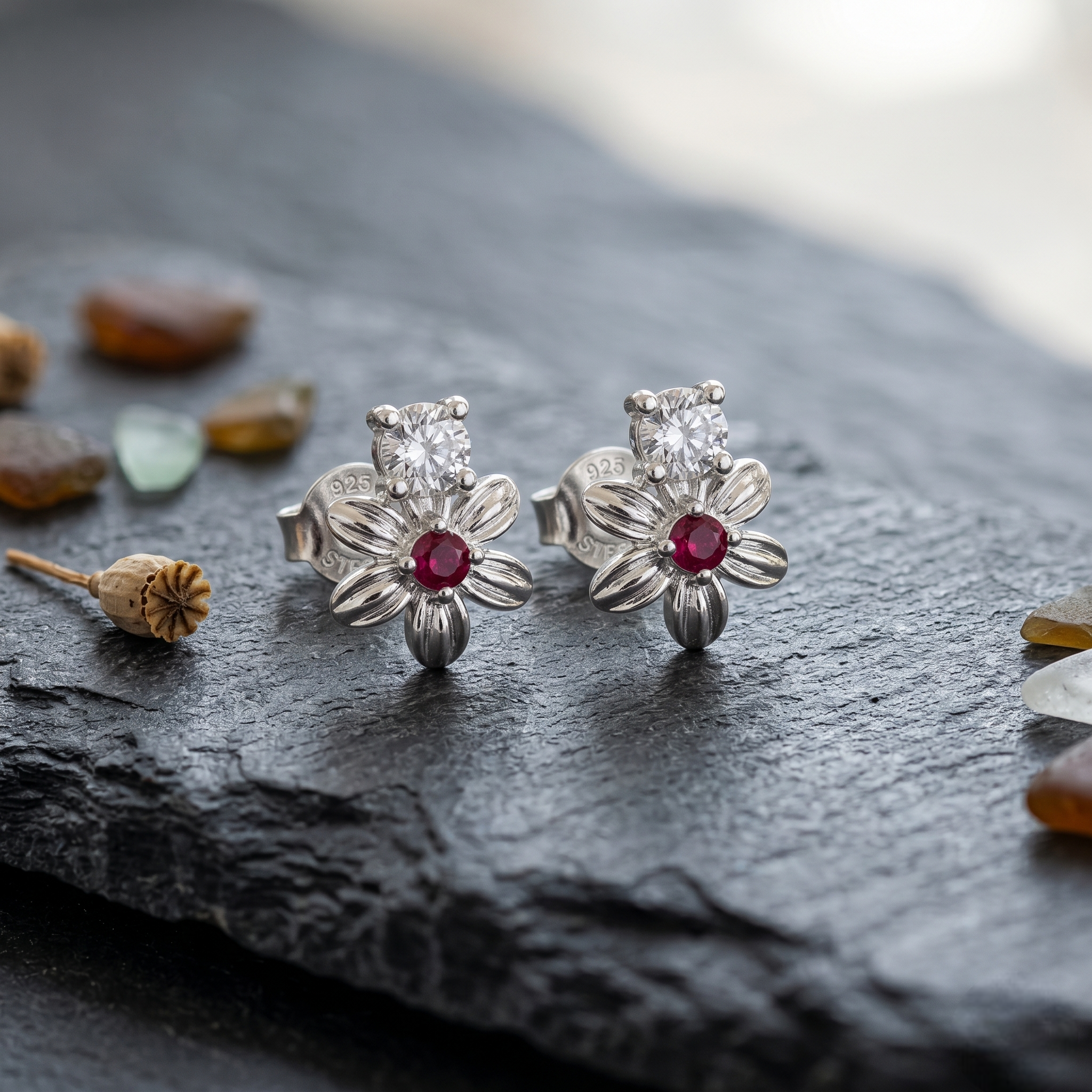 Floral Ruby & CZ Diamond 925 Sterling Silver Stud Earrings for Women
