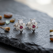 Floral Ruby & CZ Diamond 925 Sterling Silver Stud Earrings for Women