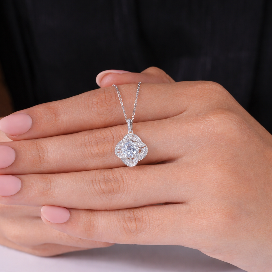 Floral Cushion Cut White Diamond CZ 925 Sterling Silver Pendant Necklace for Women