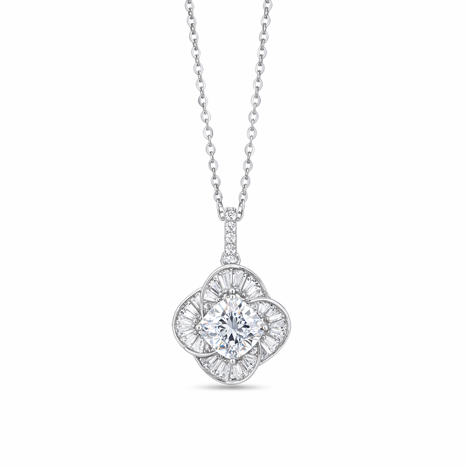 Floral Cushion Cut White Diamond CZ 925 Sterling Silver Pendant Necklace for Women