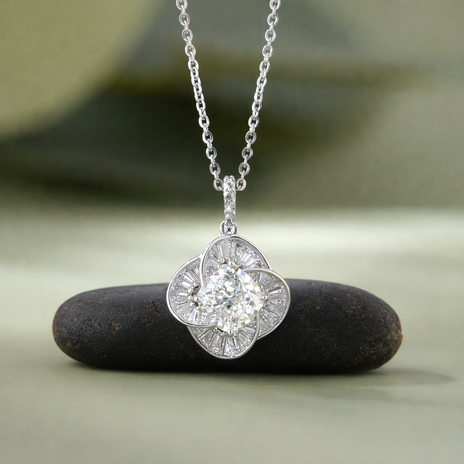 Floral Cushion Cut White Diamond CZ 925 Sterling Silver Pendant Necklace for Women