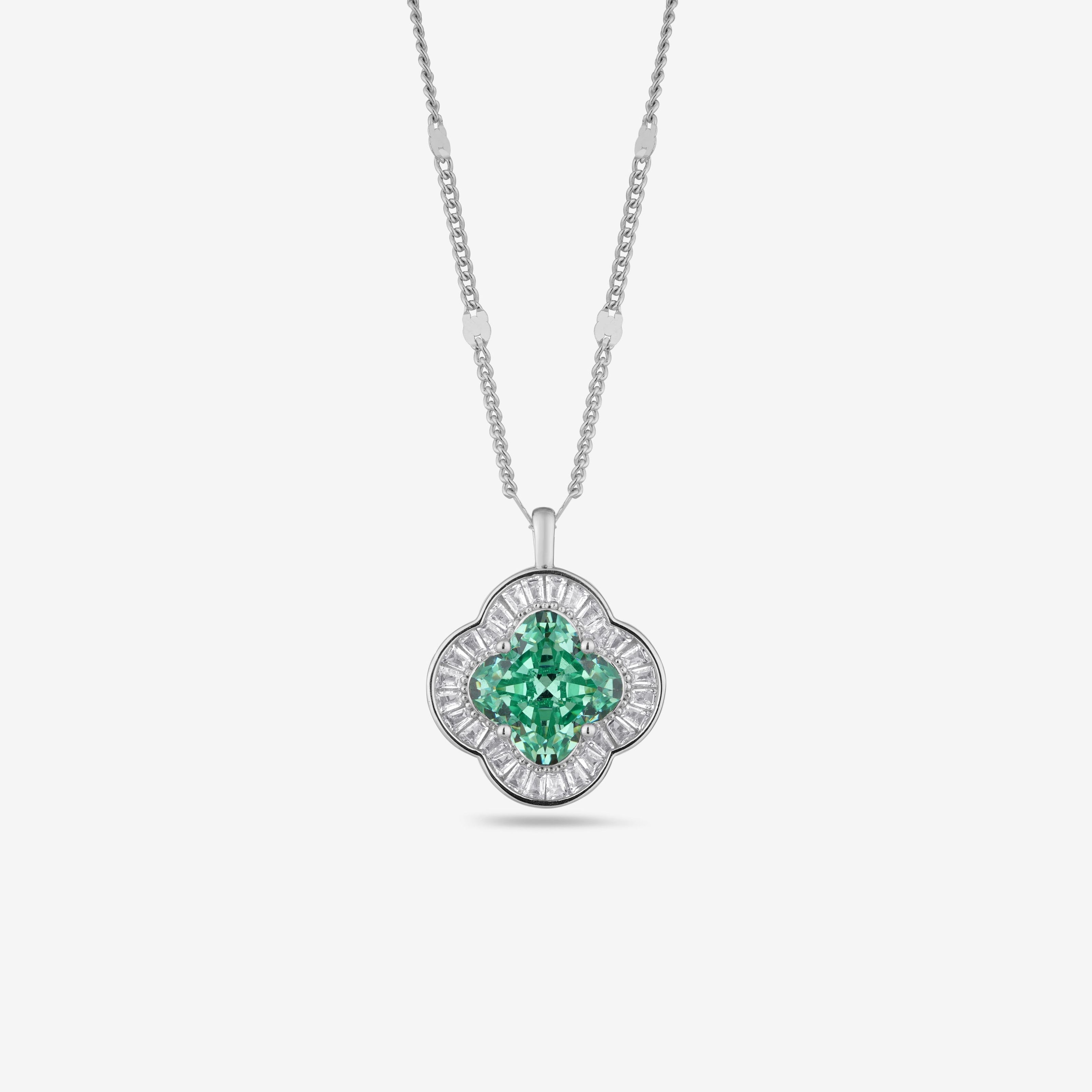 Floral Green Stone 925 Silver Pendant Necklace