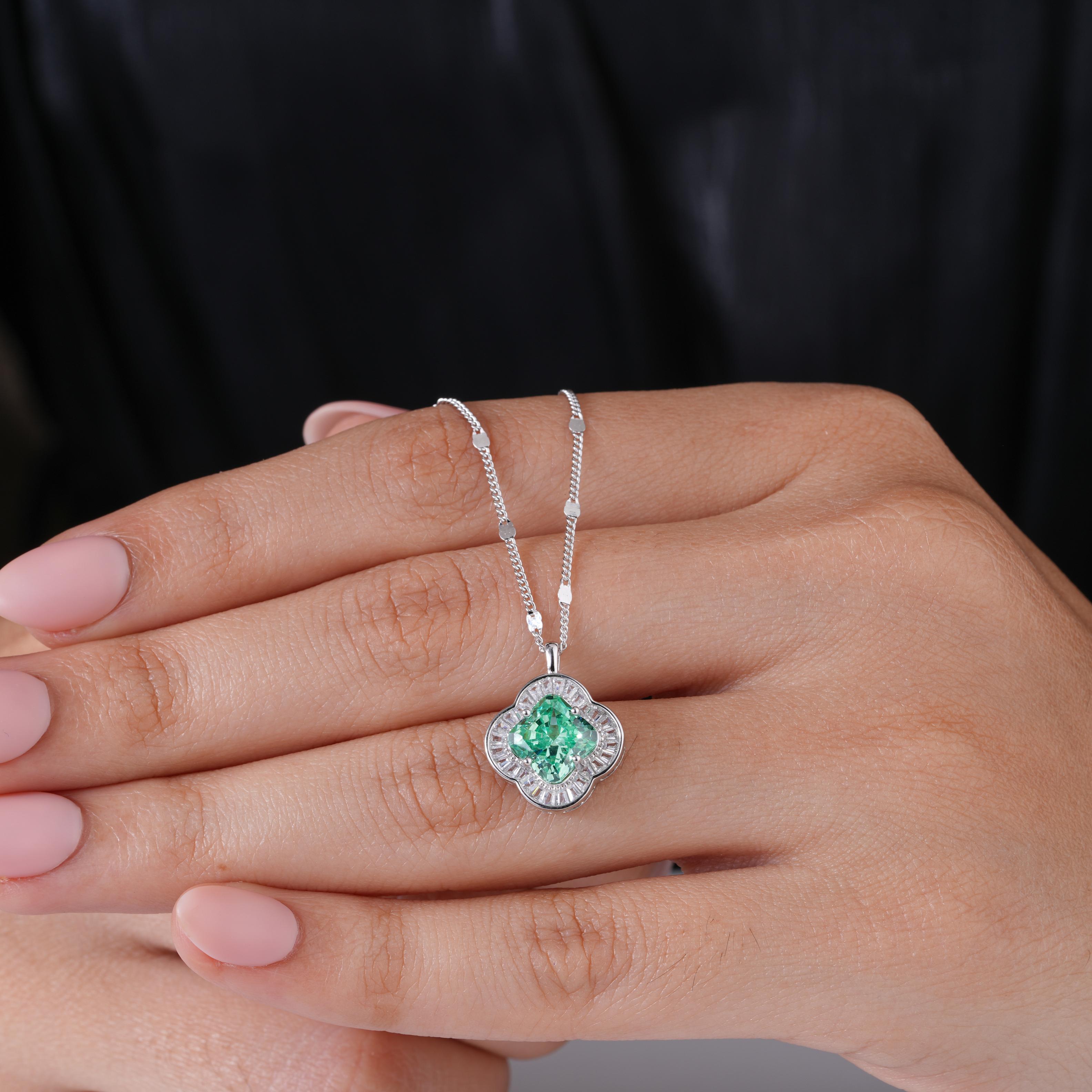 Floral Green Stone 925 Silver Pendant Necklace