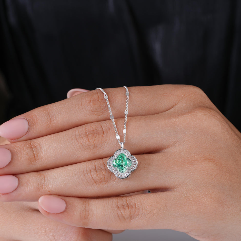 Floral Green Stone 925 Silver Pendant Necklace