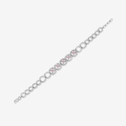 Floral Pink Stone Link 925 Sterling Silver Bracelet for Women