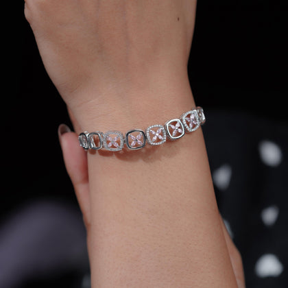 Floral Pink Stone Link 925 Sterling Silver Bracelet for Women