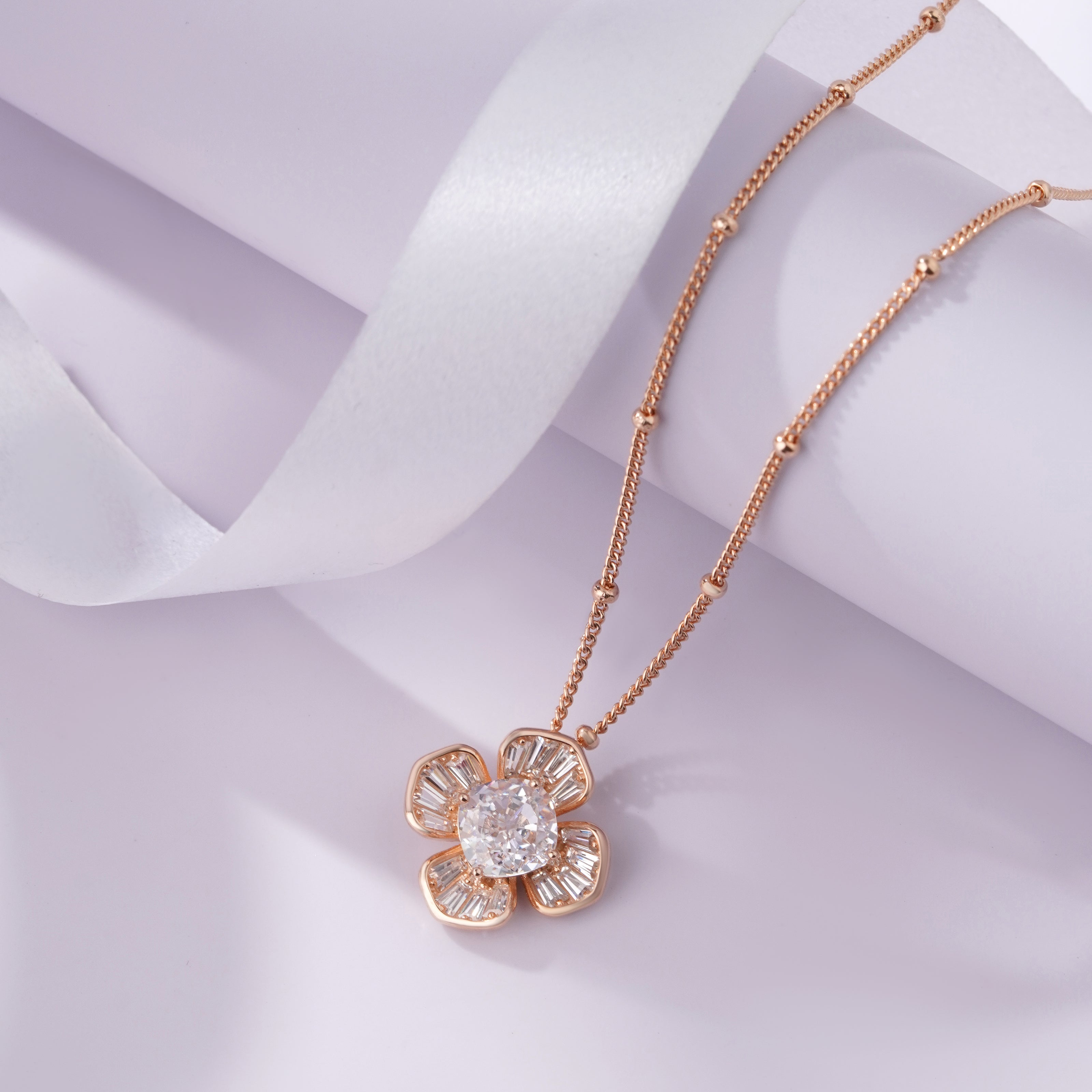 flower design diamond 925 silver rose gold pendant chain