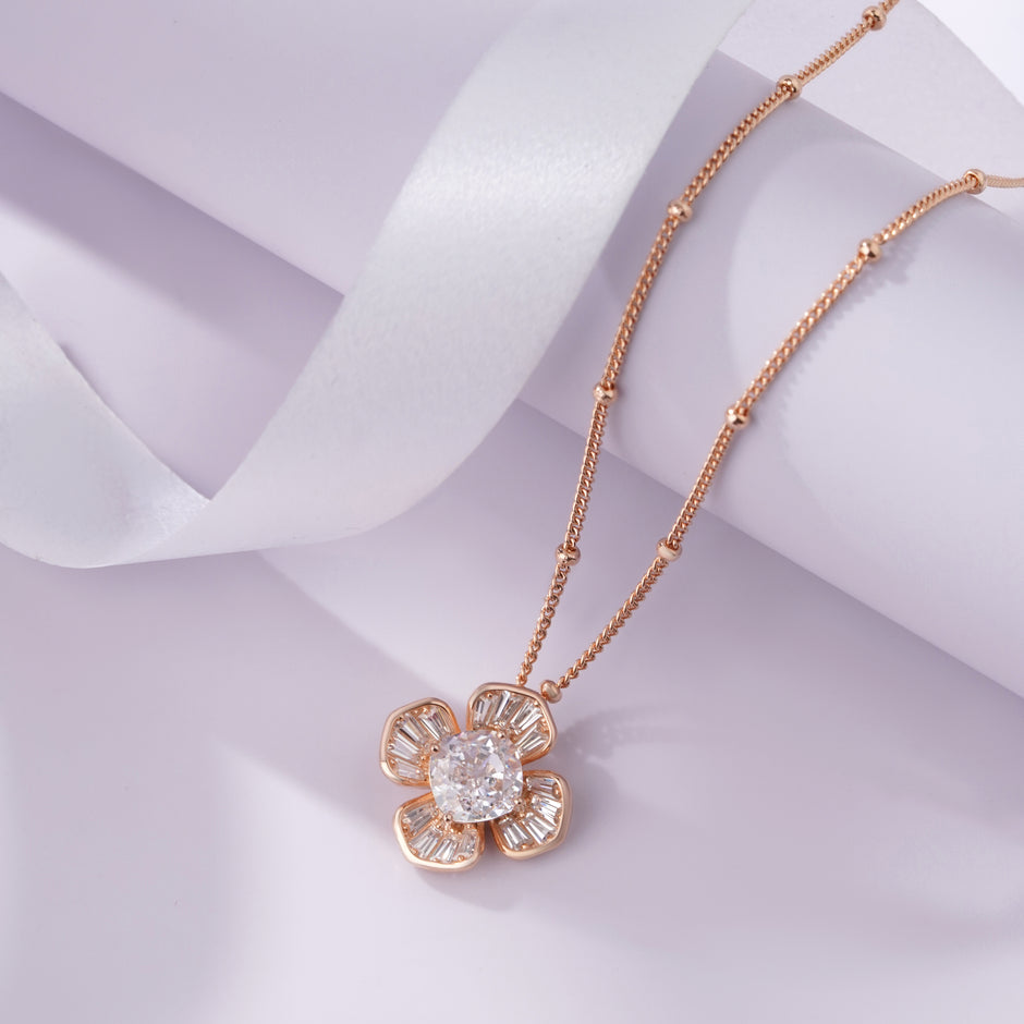 flower design diamond 925 silver rose gold pendant chain