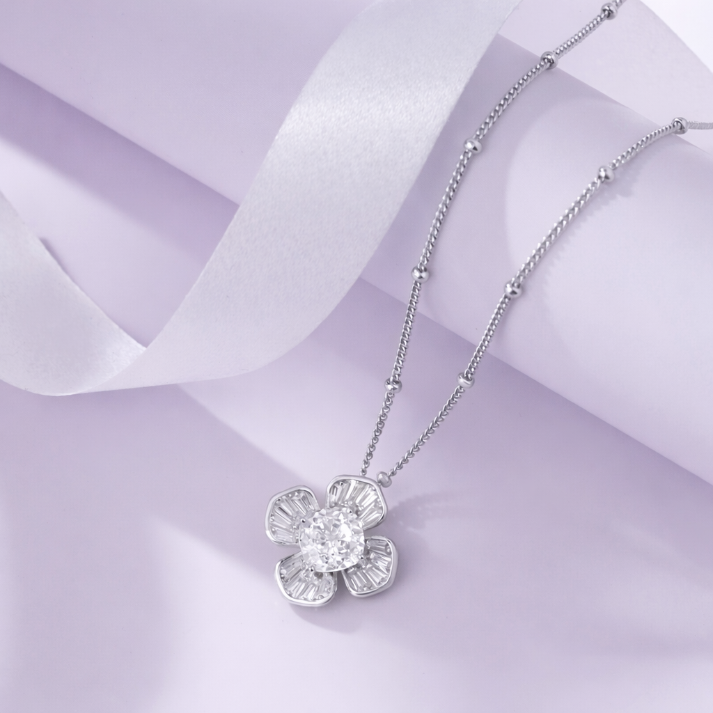 flower design white stone 925 silver pendant chain