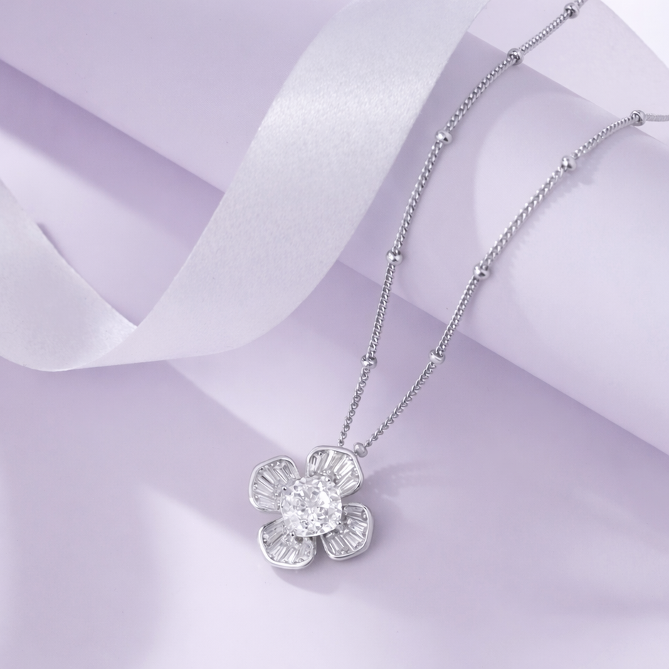 flower design white stone 925 silver pendant chain