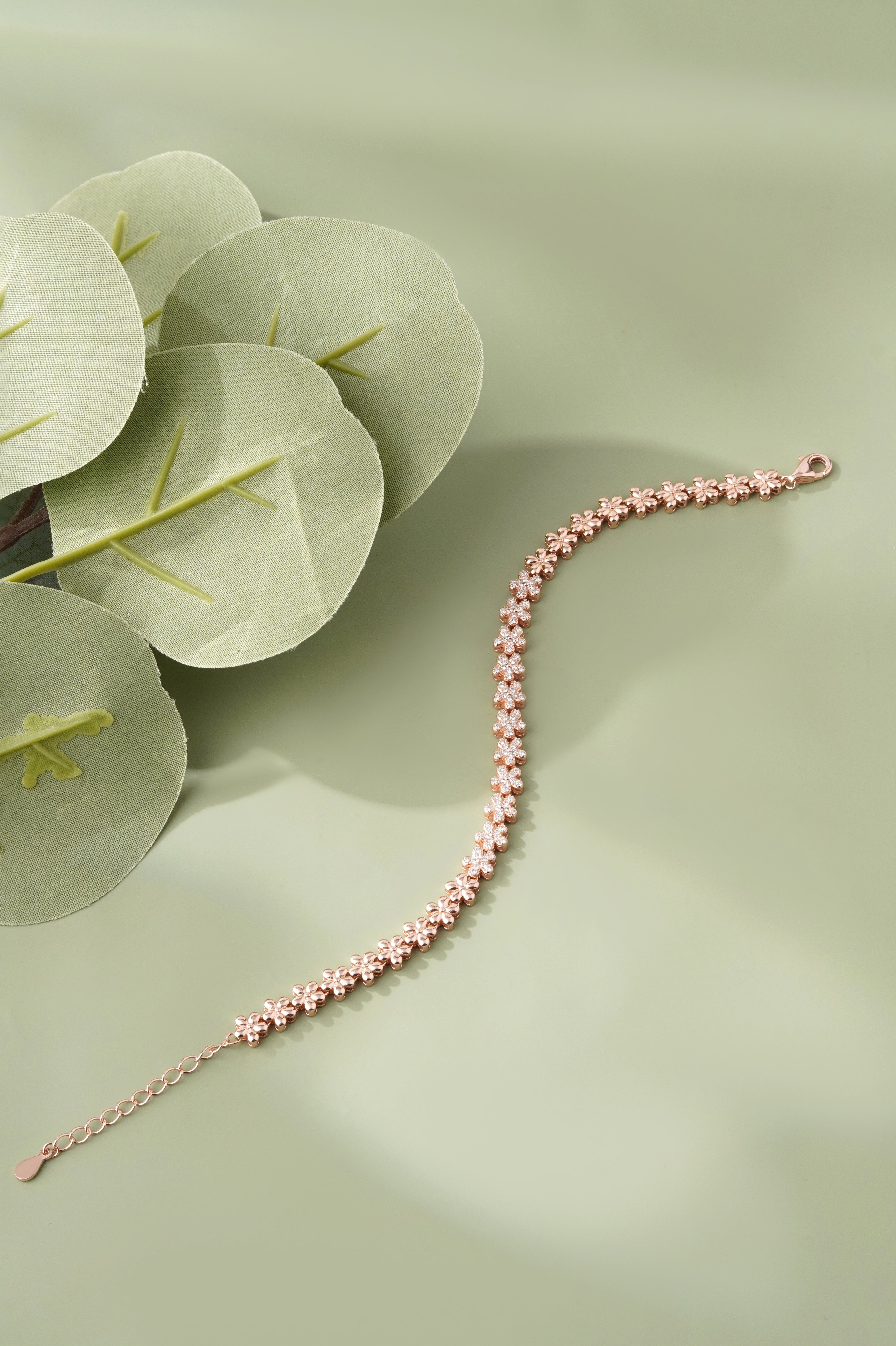 Floral Tennis Diamond Adjustable Rose Gold Bracelet for Women