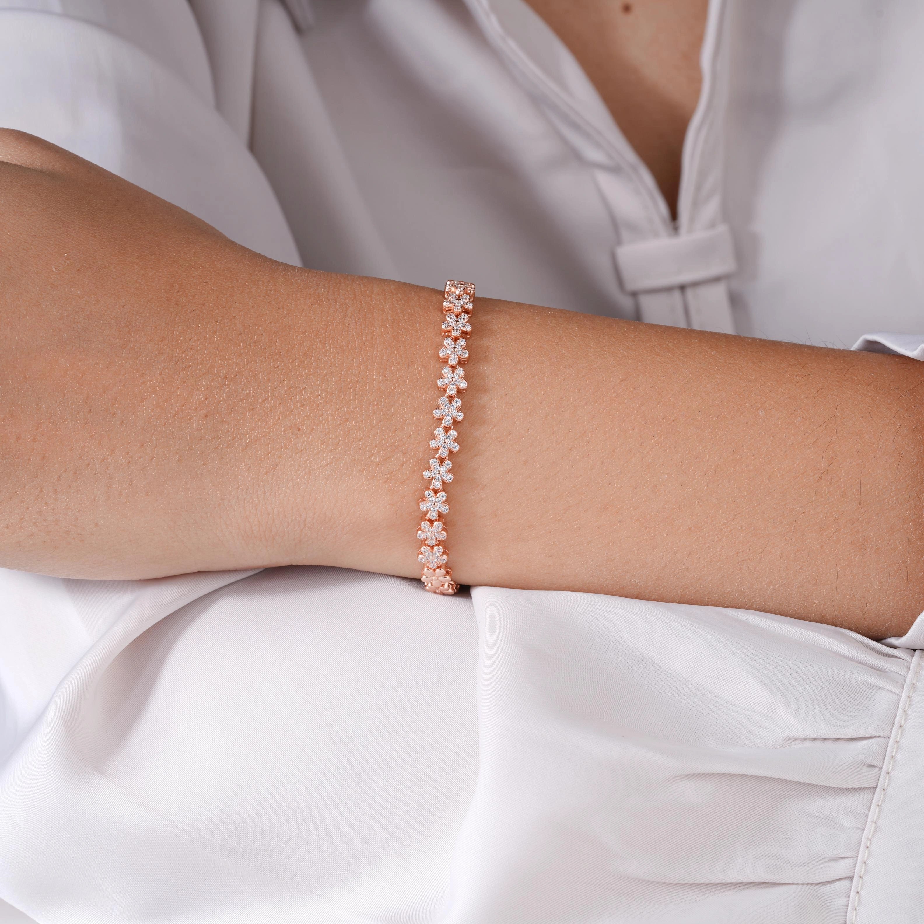 Floral Tennis Diamond Adjustable Rose Gold Bracelet for Women