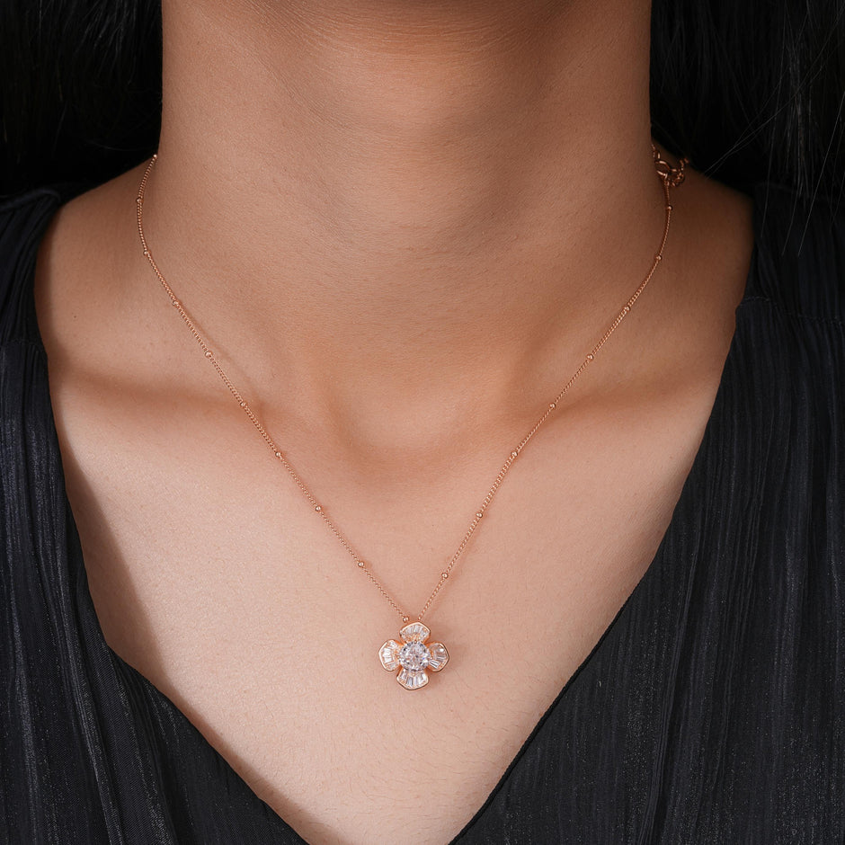 flower design diamond 925 silver rose gold pendant chain