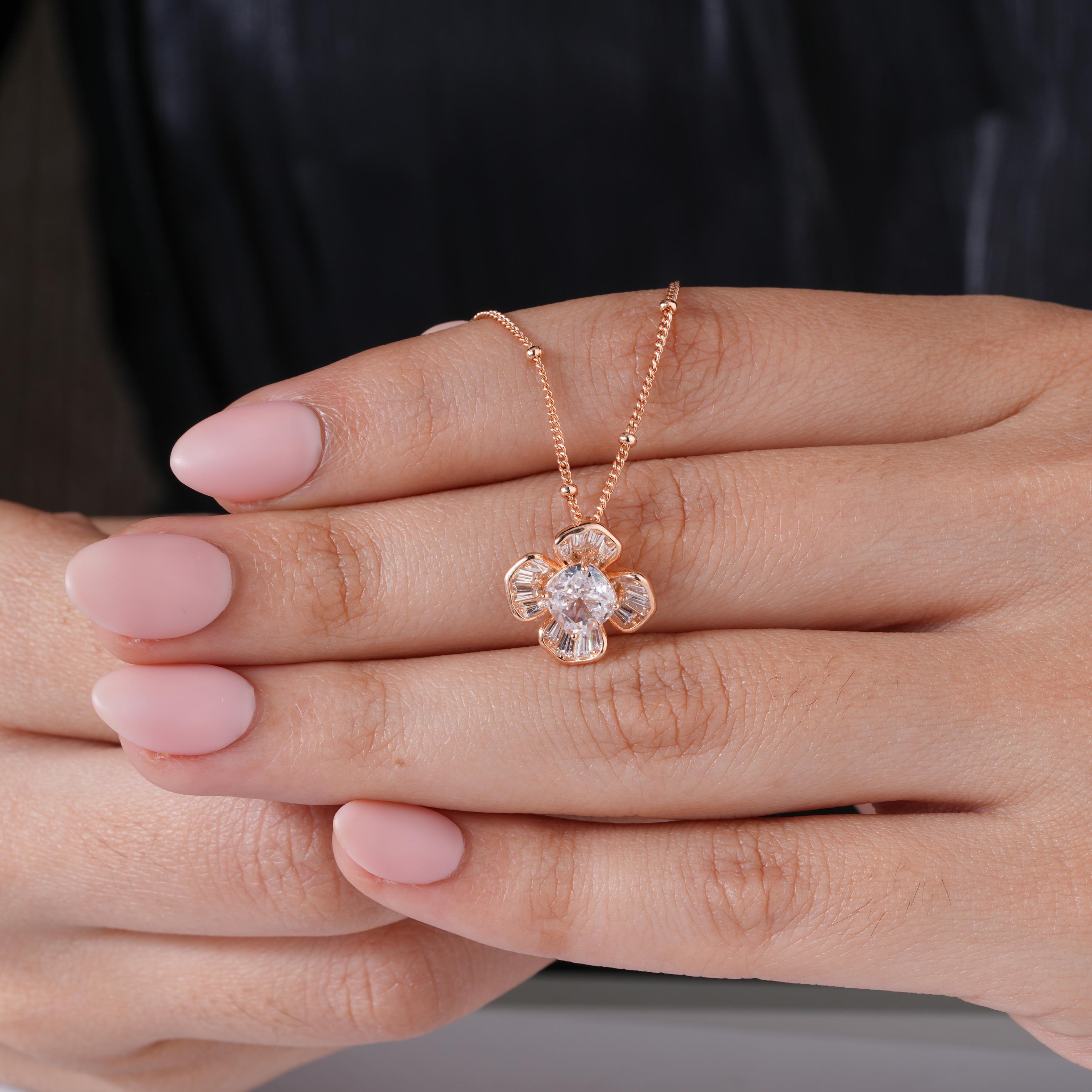 flower design diamond 925 silver rose gold pendant chain