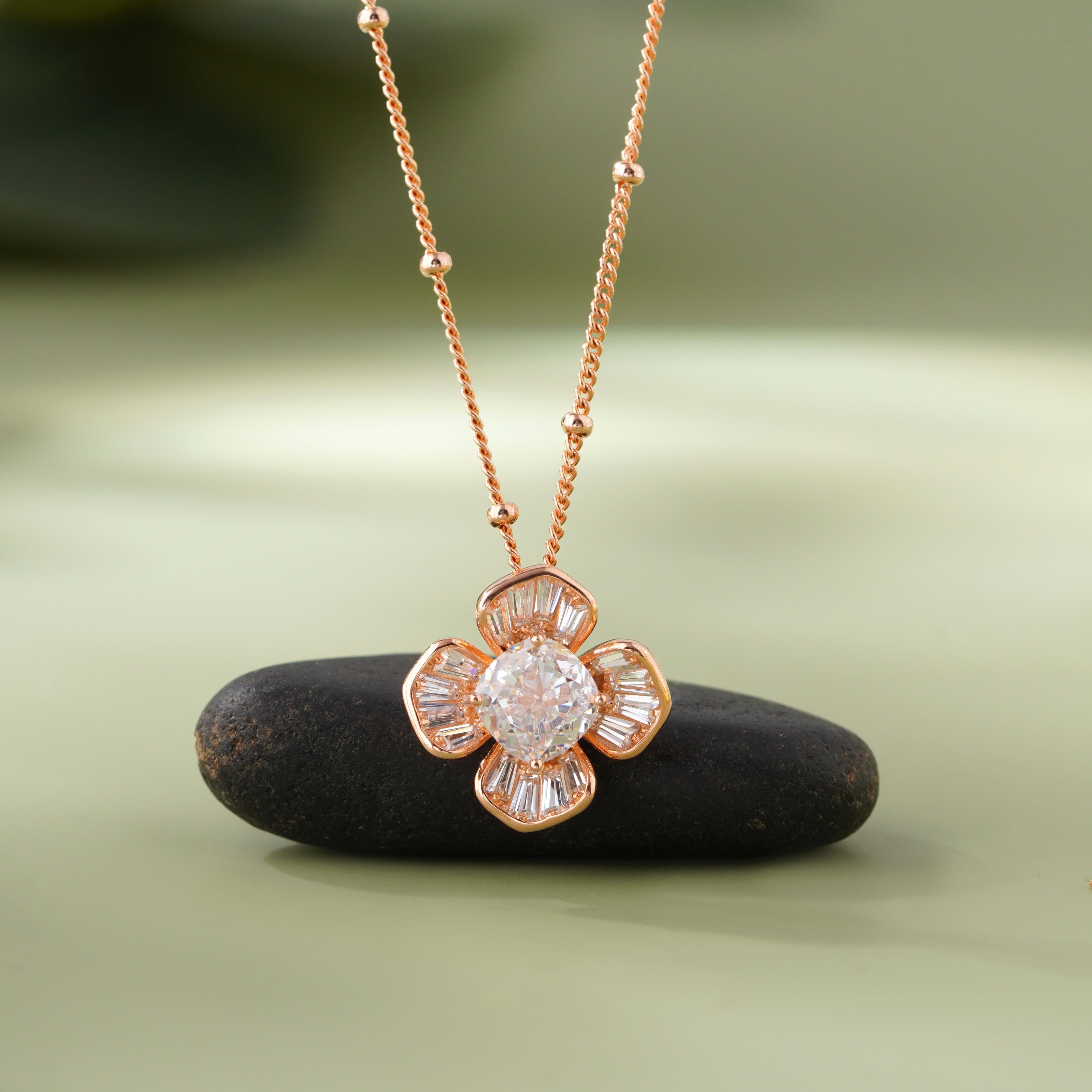 flower design diamond 925 silver rose gold pendant chain