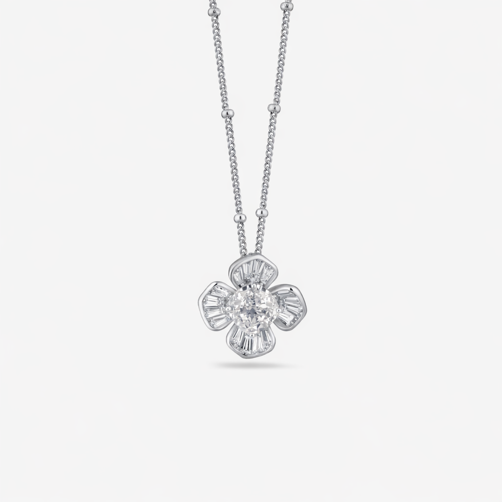 flower design white stone 925 silver pendant chain