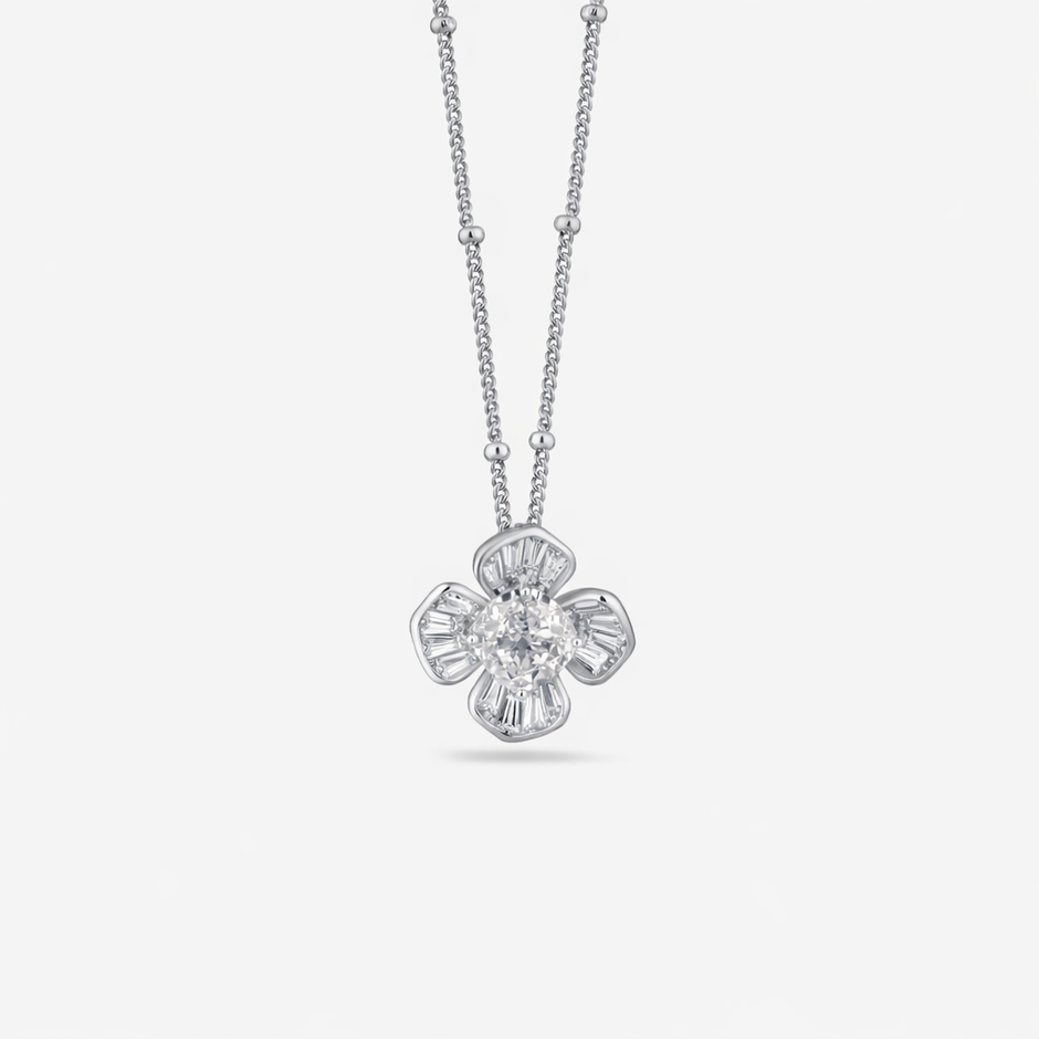 flower design white stone 925 silver pendant chain