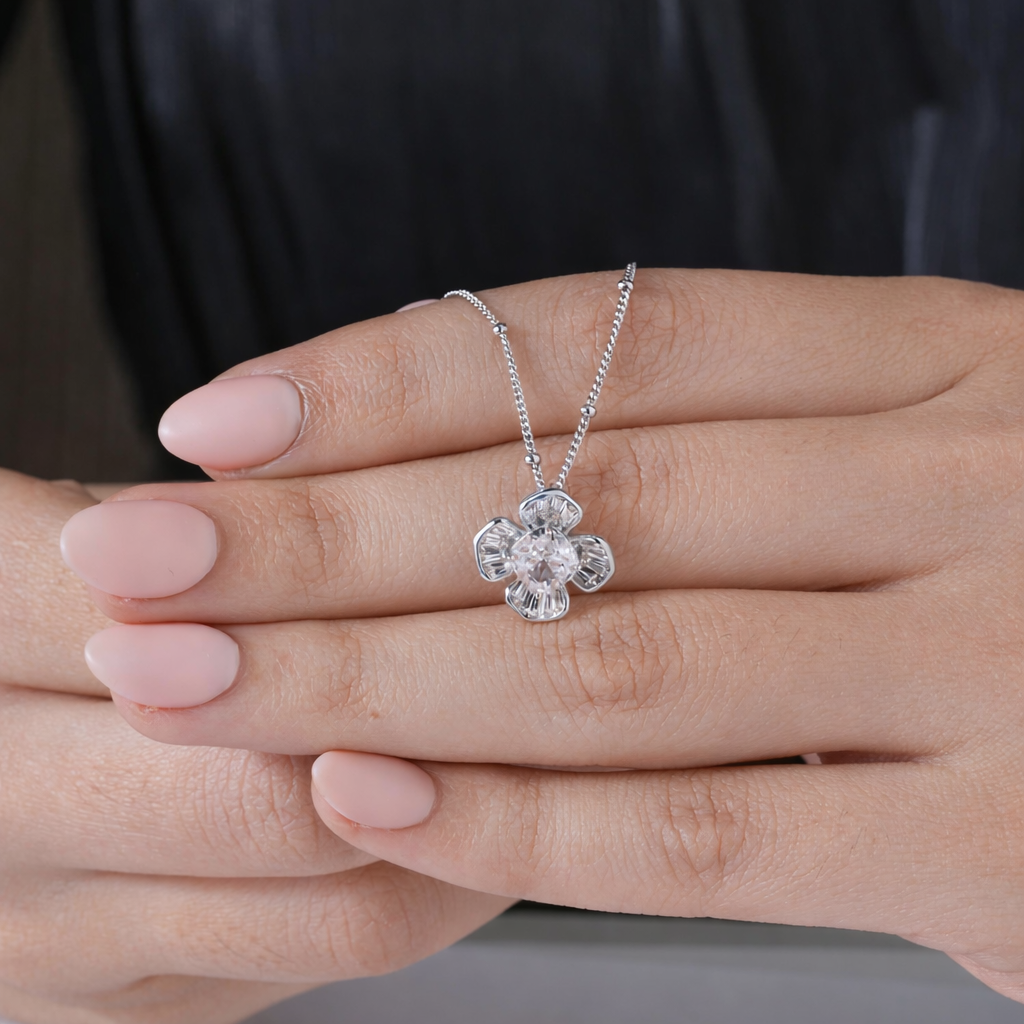 flower design white stone 925 silver pendant chain