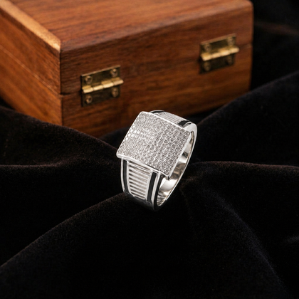 Full Stone Square Top 925 Sterling Silver Men's Statement Ring with Linear Accents