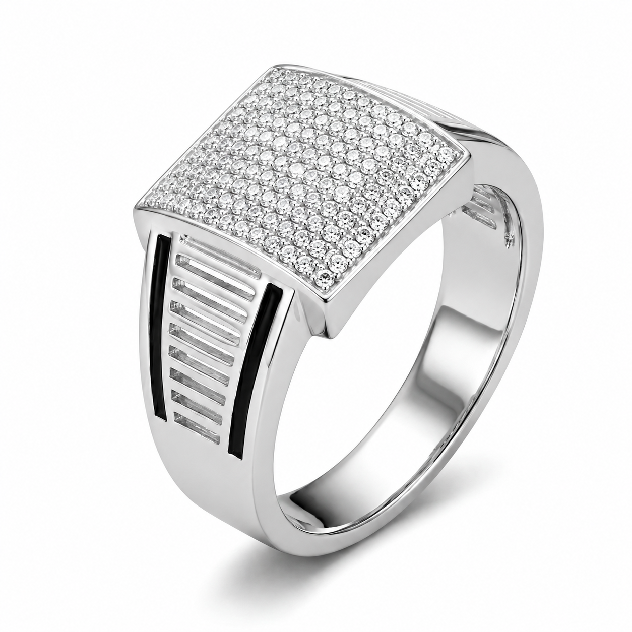Modern 925 Sterling Silver Ring for Men with Black Enamel Detail