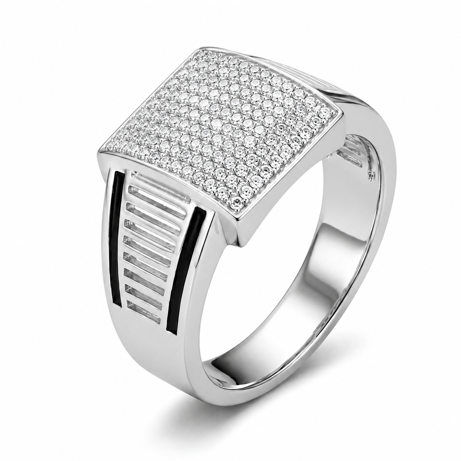 Modern 925 Sterling Silver Ring for Men with Black Enamel Detail