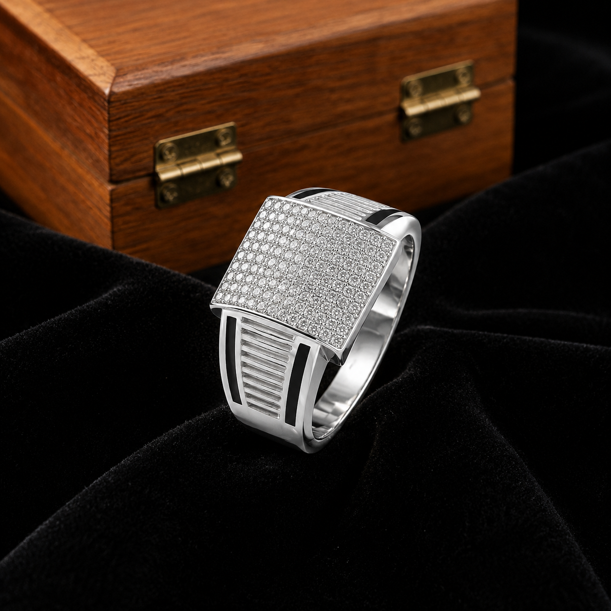 Modern 925 Sterling Silver Ring for Men with Black Enamel Detail