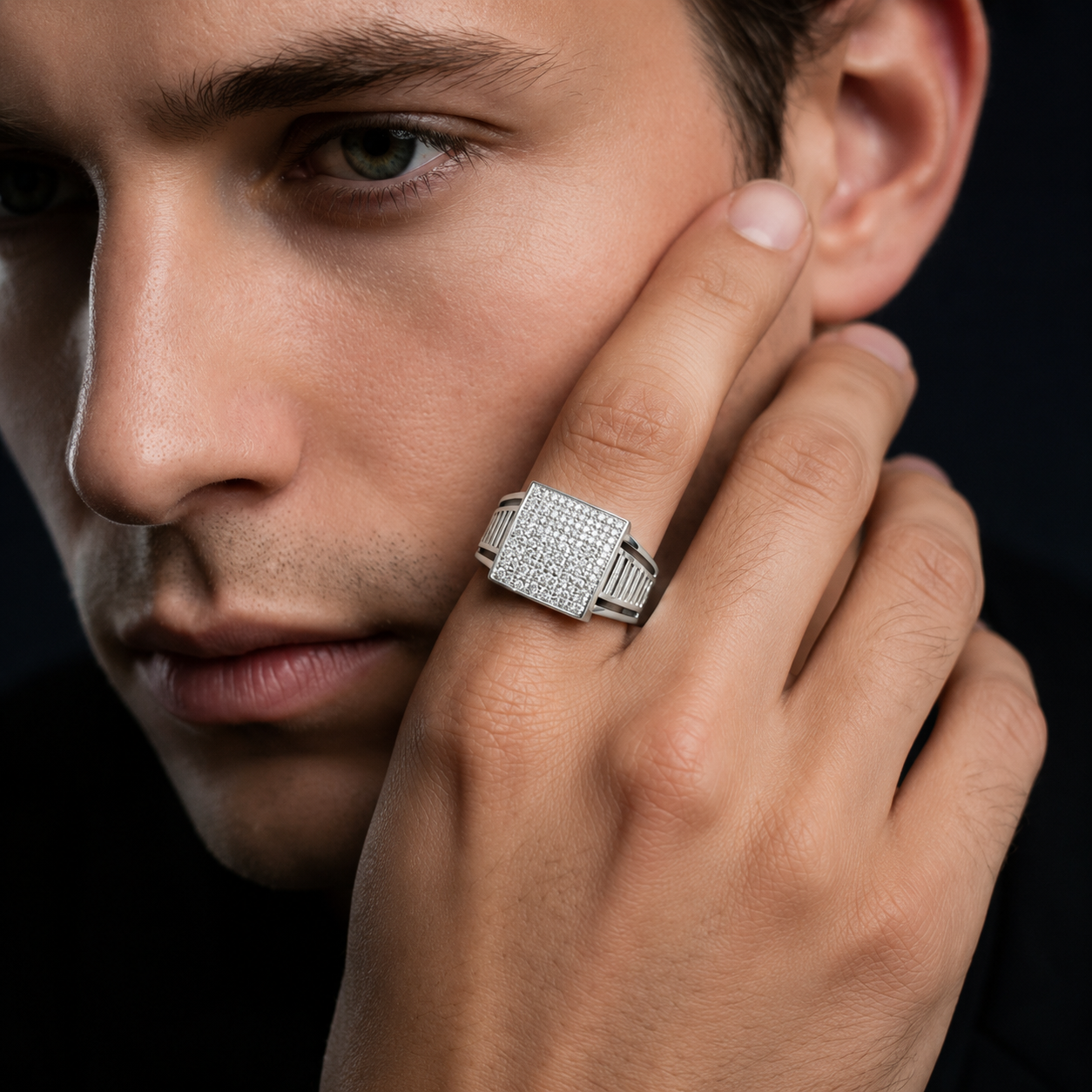 Modern 925 Sterling Silver Ring for Men with Black Enamel Detail