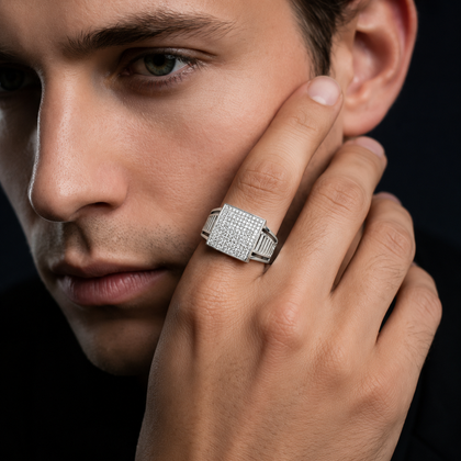 Modern 925 Sterling Silver Ring for Men with Black Enamel Detail