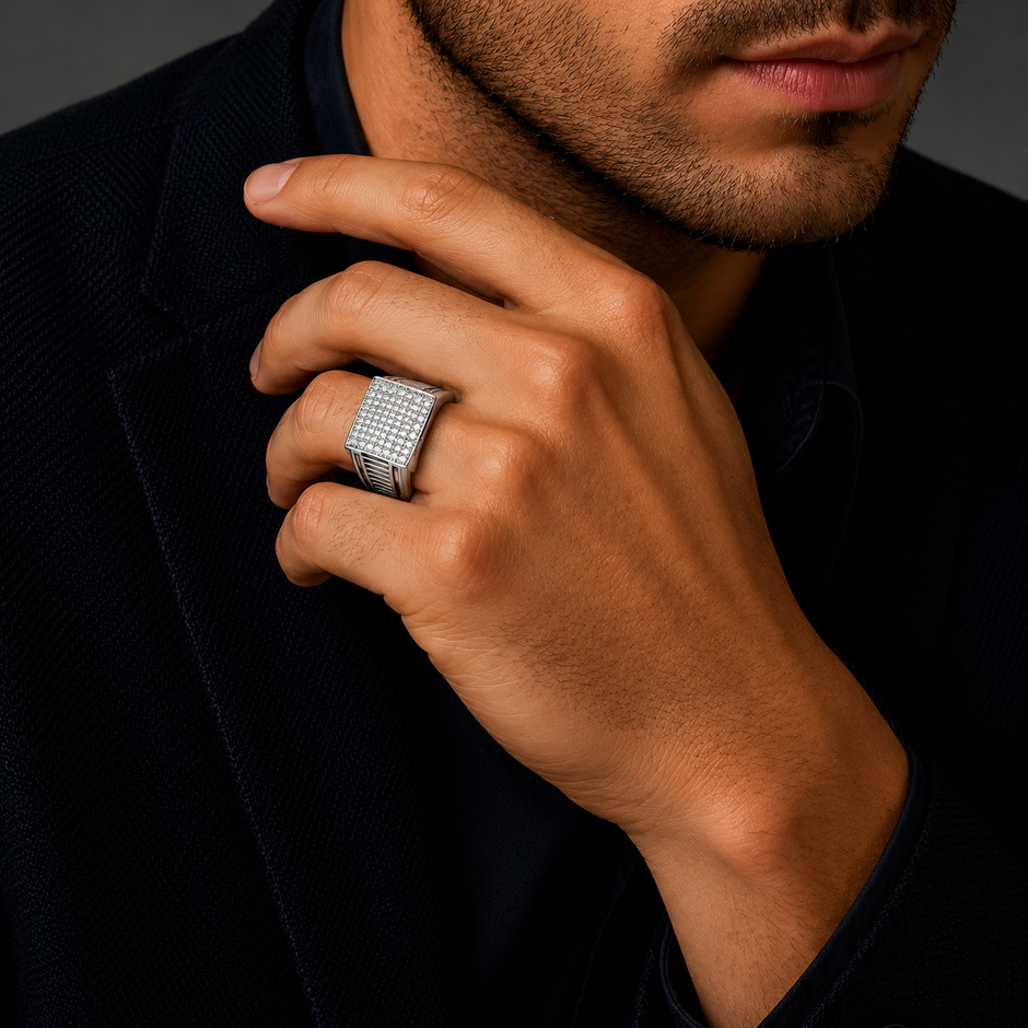 Modern 925 Sterling Silver Ring for Men with Black Enamel Detail
