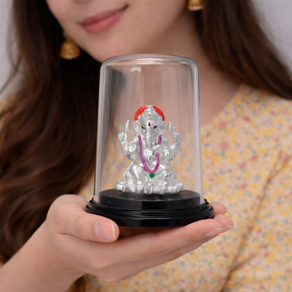 Ganesh Ji Silver Murti in Glass Dome