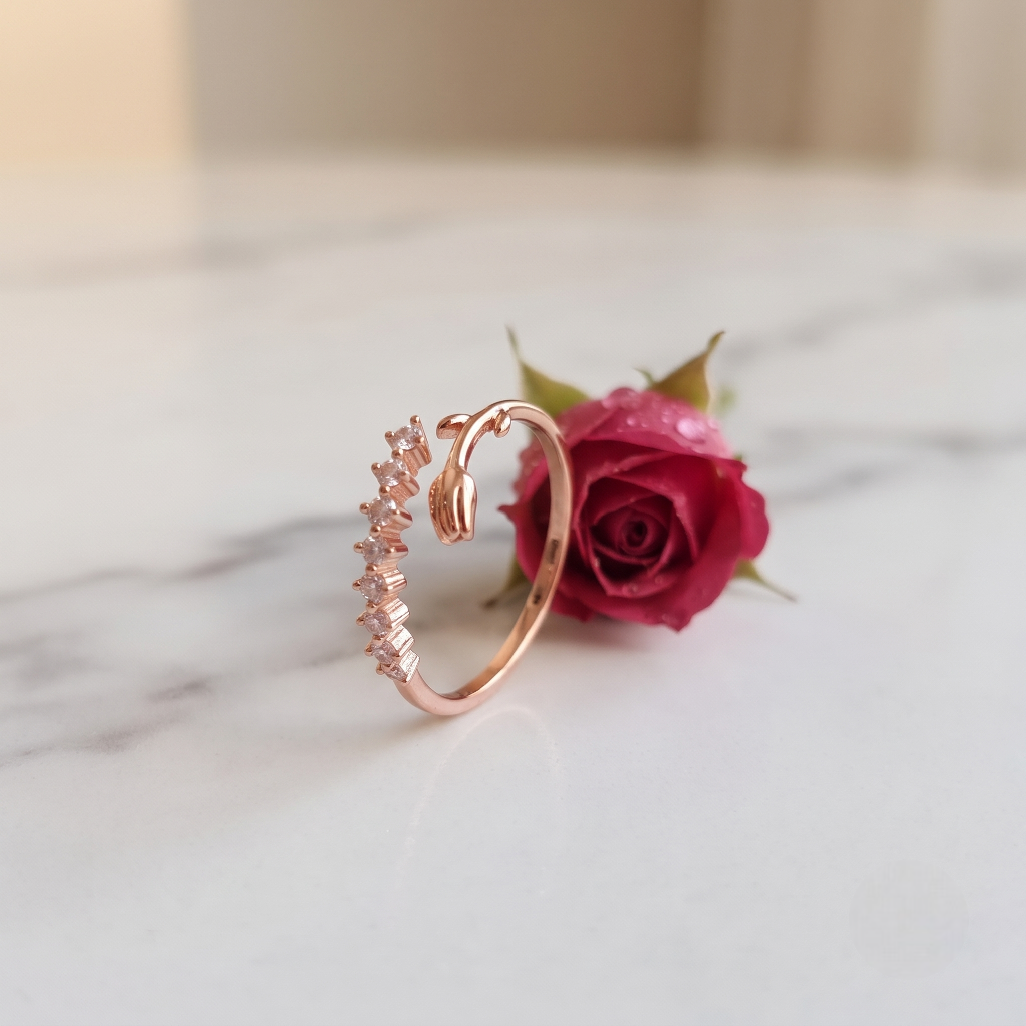 Rose Gold Tulip Floral CZ 925 Sterling Silver Open Ring for Women