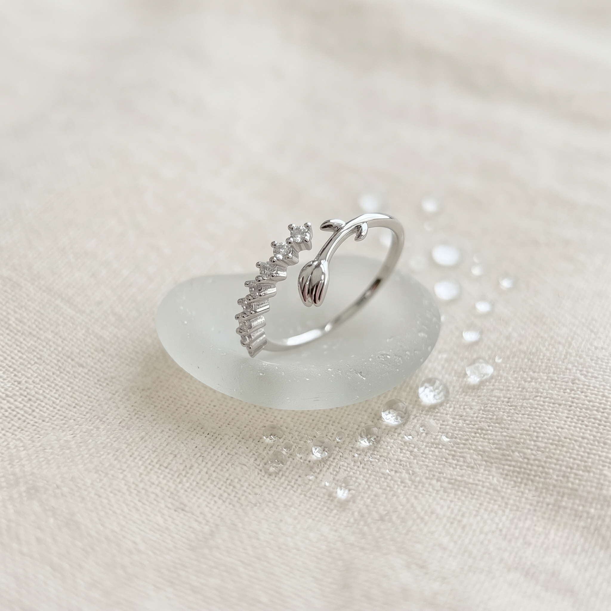 Tulip Floral CZ 925 Sterling Silver Open Ring for Women