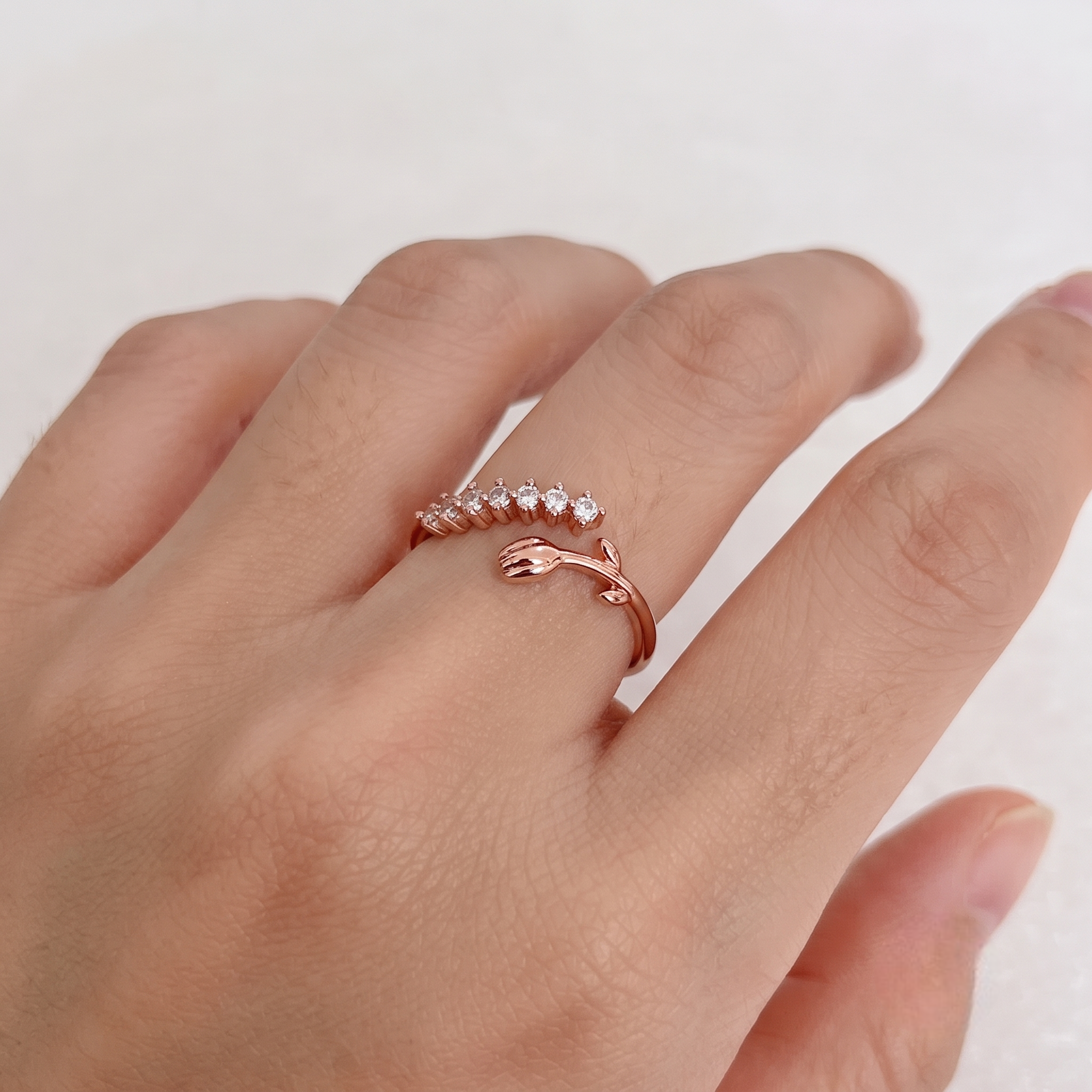 Rose Gold Tulip Floral CZ 925 Sterling Silver Open Ring for Women
