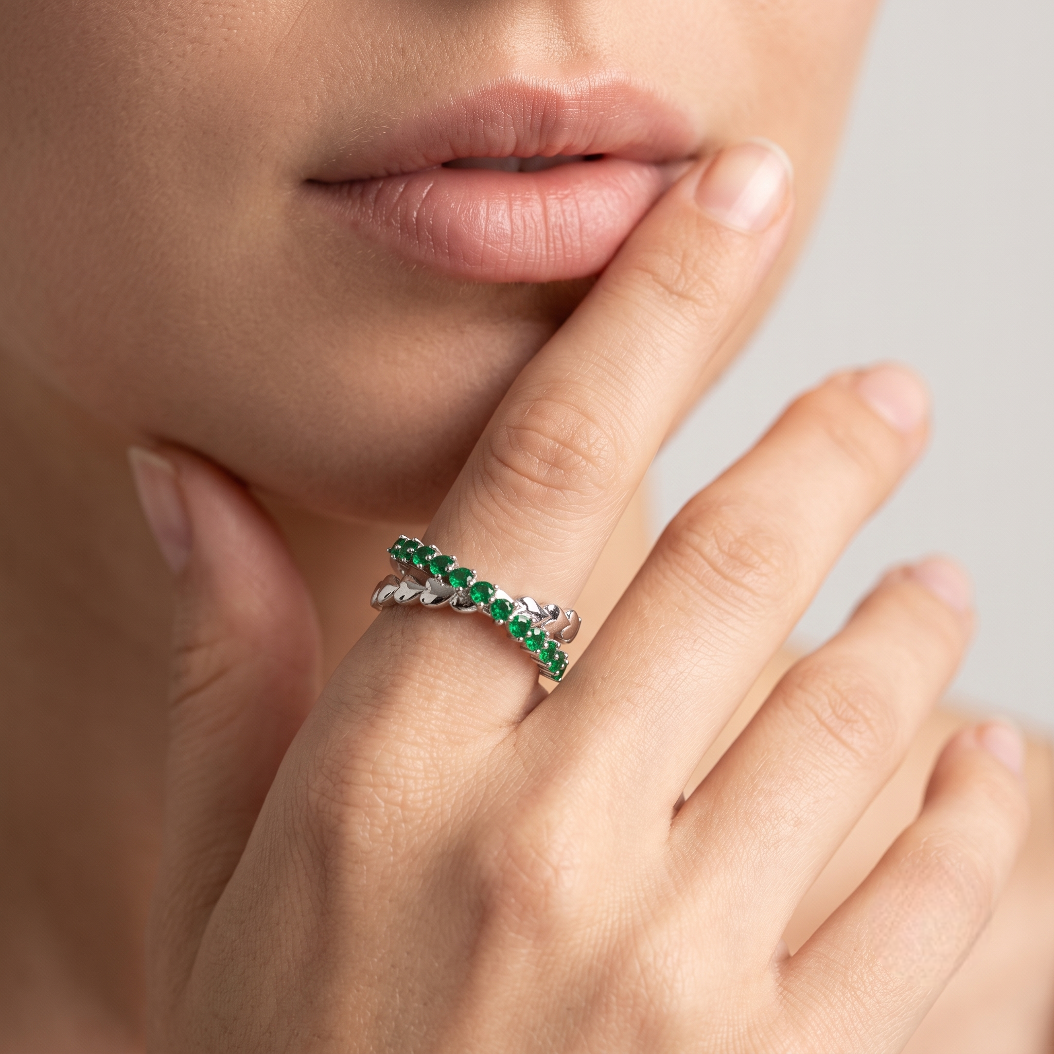 925 Sterling Silver Heart Eternity Ring with Green CZ Stones