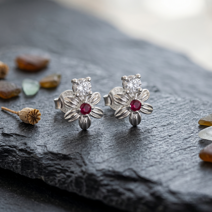 Floral Ruby CZ Drop Design 925 Sterling Silver Stud Earrings for Women