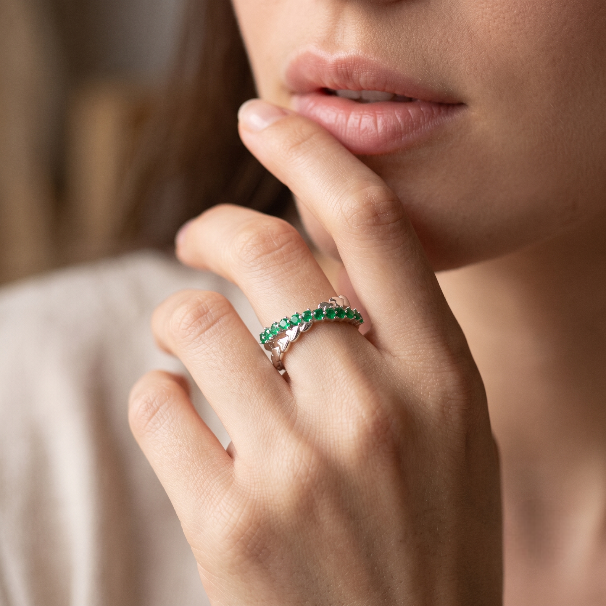 925 Sterling Silver Heart Eternity Ring with Green CZ Stones