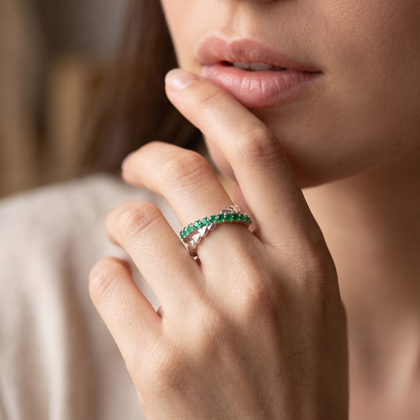 925 Sterling Silver Heart Eternity Ring with Green CZ Stones