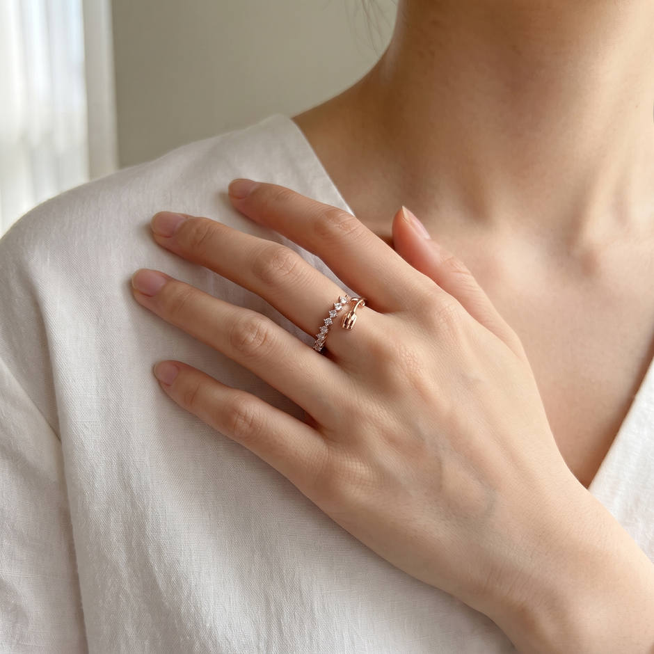 Rose Gold Tulip Floral CZ 925 Sterling Silver Open Ring for Women