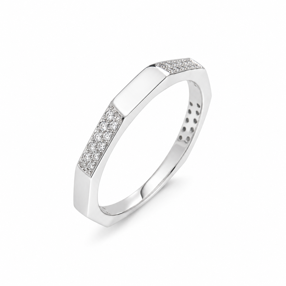 925 Sterling Silver Geometric Faceted CZ Band Ring