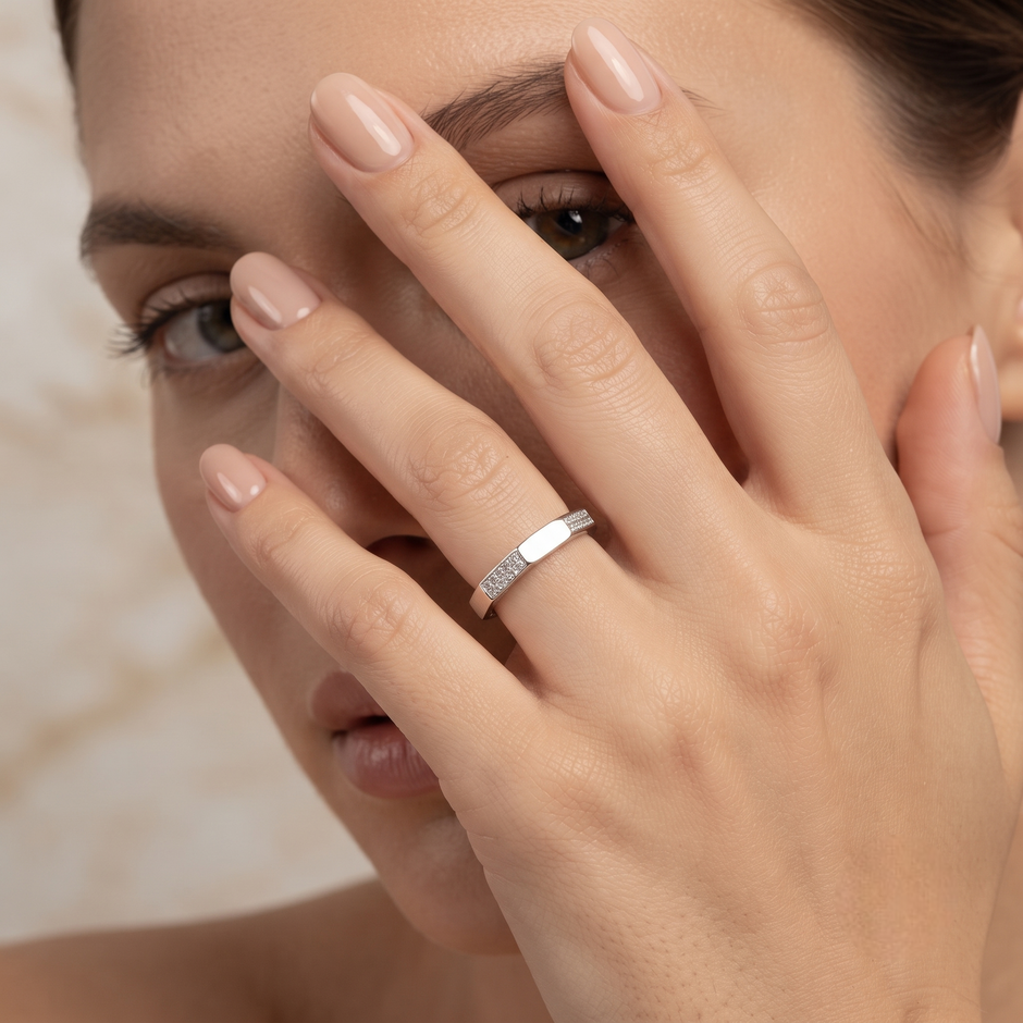 925 Sterling Silver Geometric Faceted CZ Band Ring