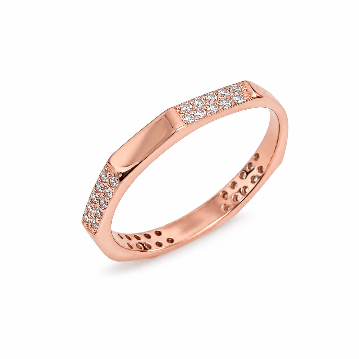925 Sterling Silver Rose Gold Geometric Faceted CZ Band Ring