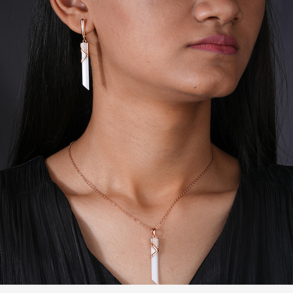 Geometric Drop 925 Sterling Silver Rose Gold Pendant Set for Women